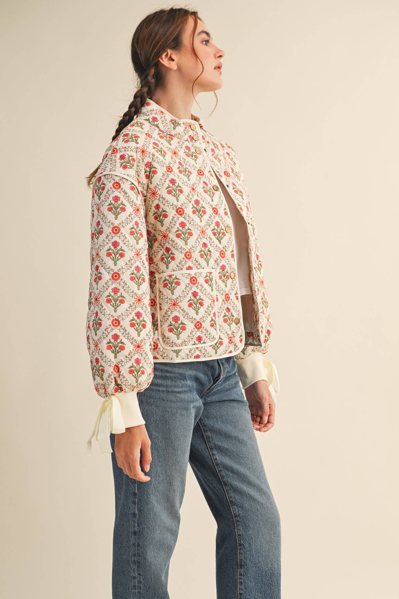 Ivory Floral Quilted Jacket With Ribbon Detail