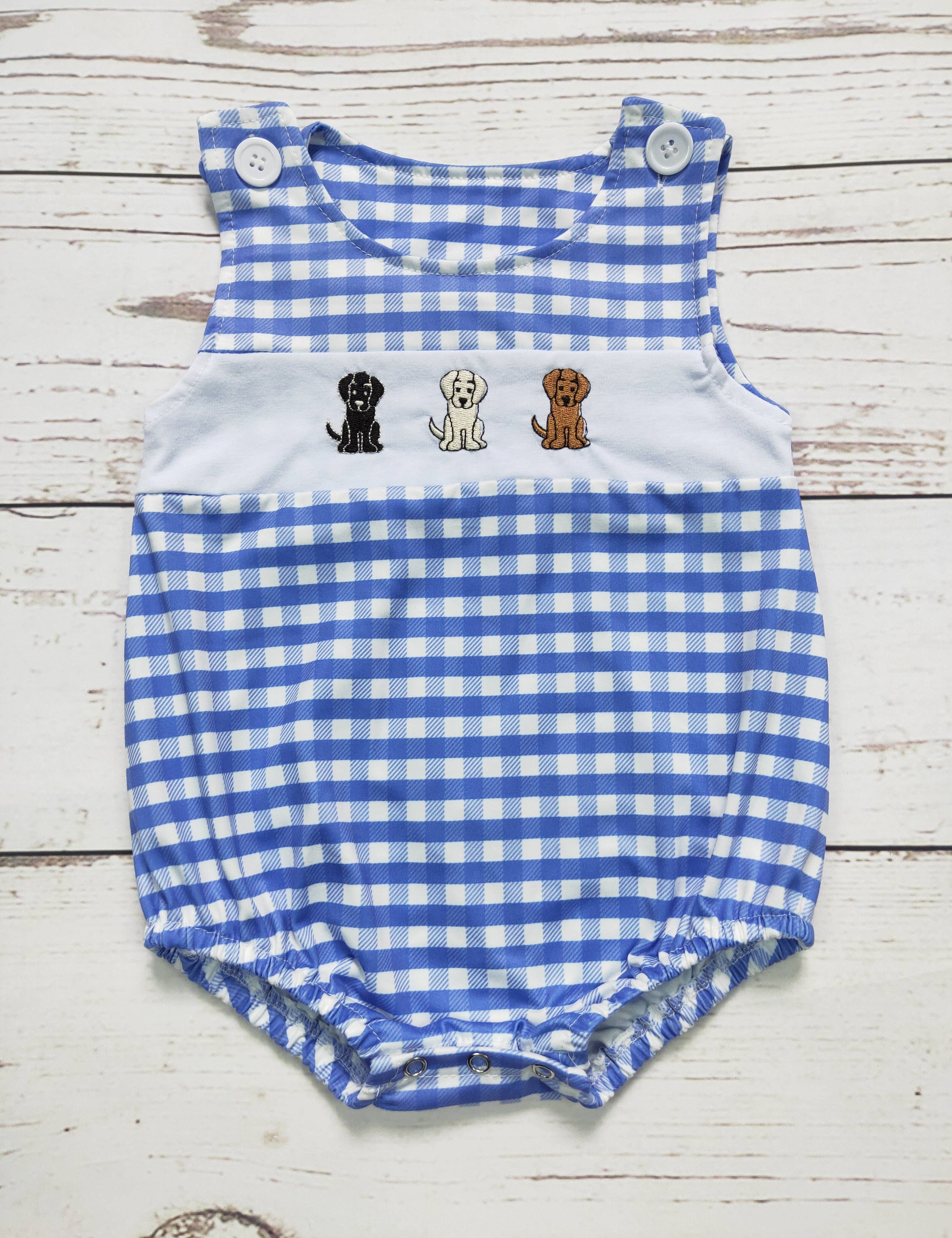 Baby Boy Dog Appliqué Romper — color: blue and white gingham with a white chest panel and sleeveless