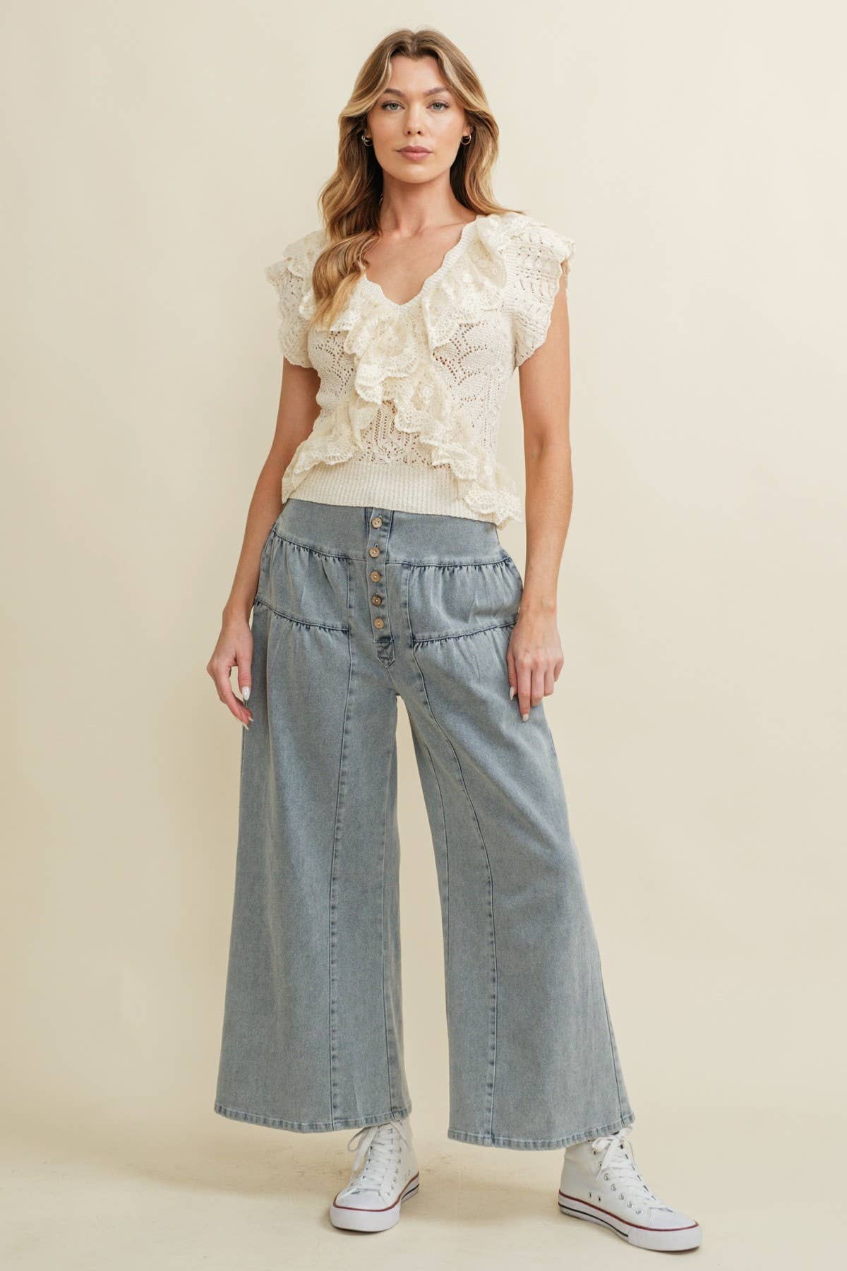 Cream Ruffle Knit Lace Top showing v-neckline