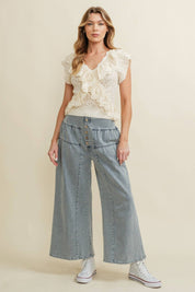 Cream Ruffle Knit Lace Top showing v-neckline