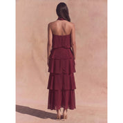 Maroon Strapless Tiered Midi Dress showing strapless neckline