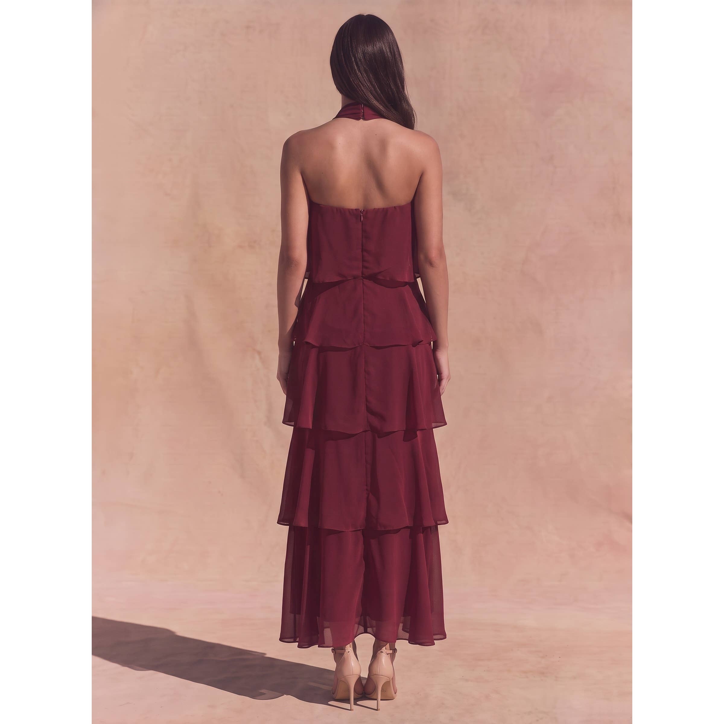 Maroon Strapless Tiered Midi Dress showing strapless neckline