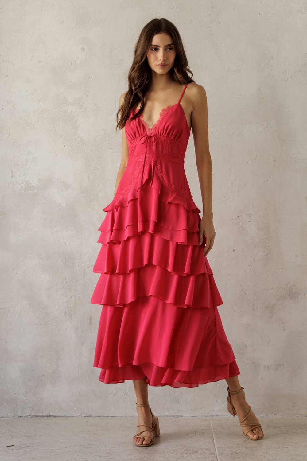 Pink Lace Trim Tiered Midi Dress