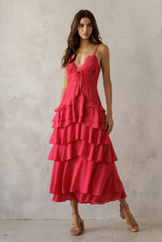 Pink Lace Trim Tiered Midi Dress