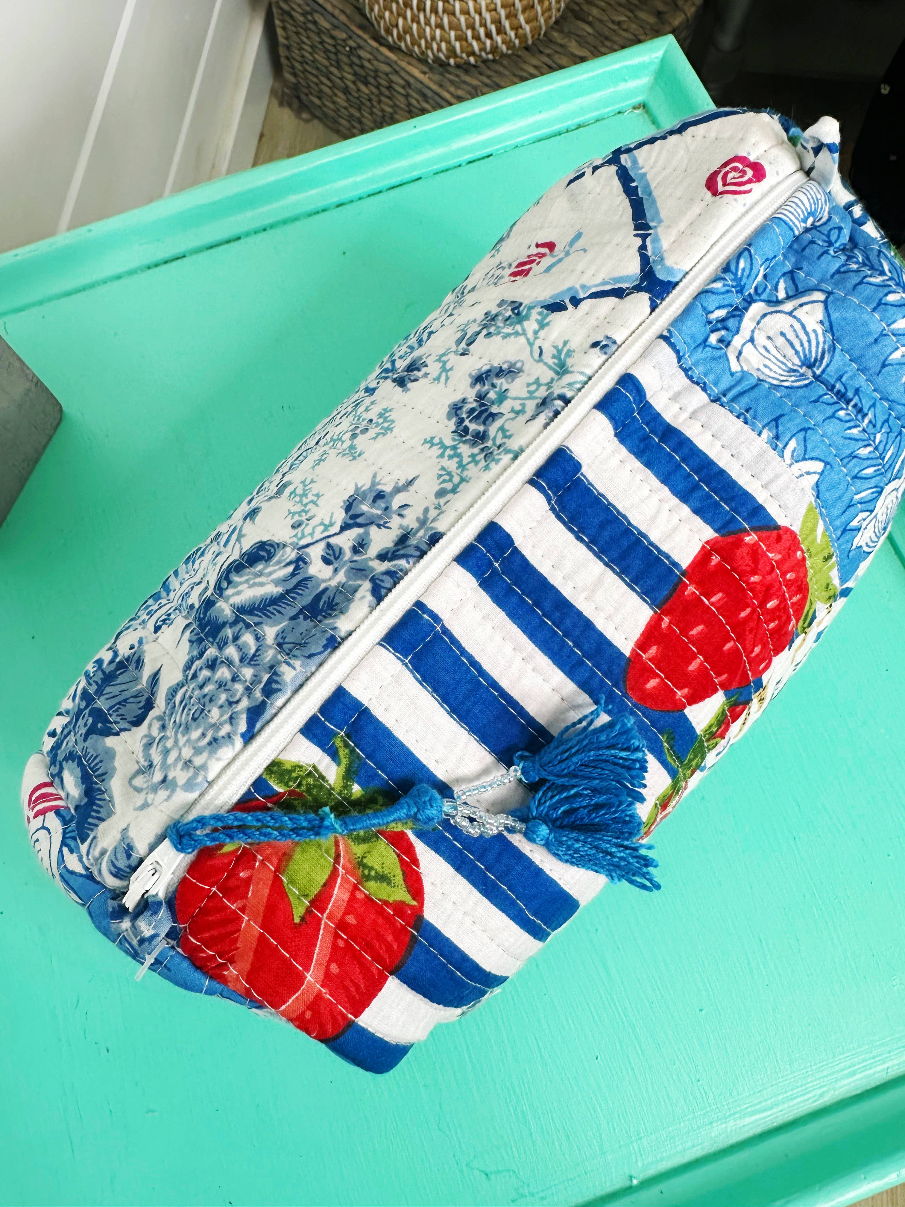 Blue Patchwork Quilted Makeup Bag