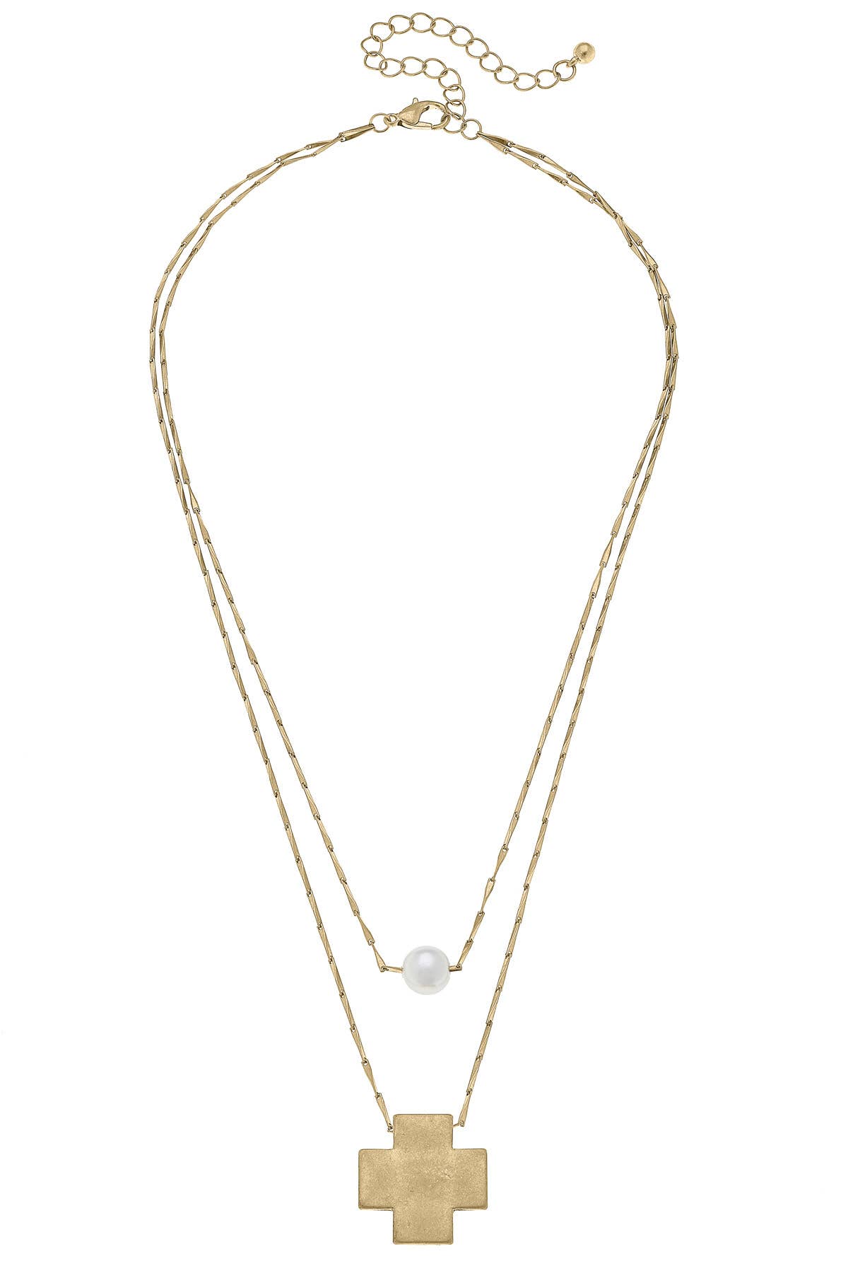 Edith Square Cross Layered Pearl Necklace in Worn Gold