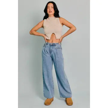 Oatmeal Mock Neck Cutout Crop Sweater