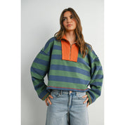 Green Striped Quarter-Zip Contrast Collar Sweatshirt