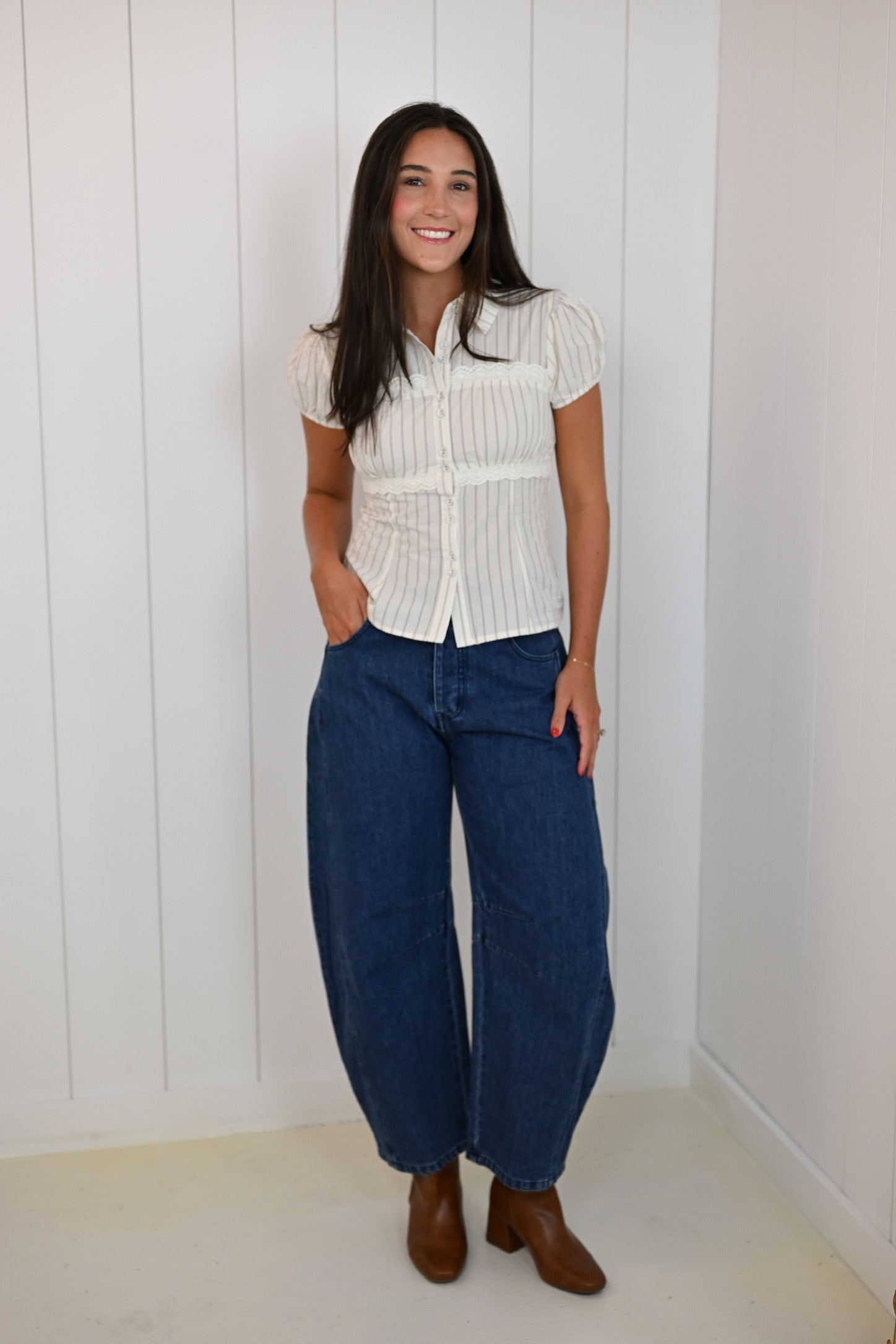 Cream & Brown Stripe Collared Top