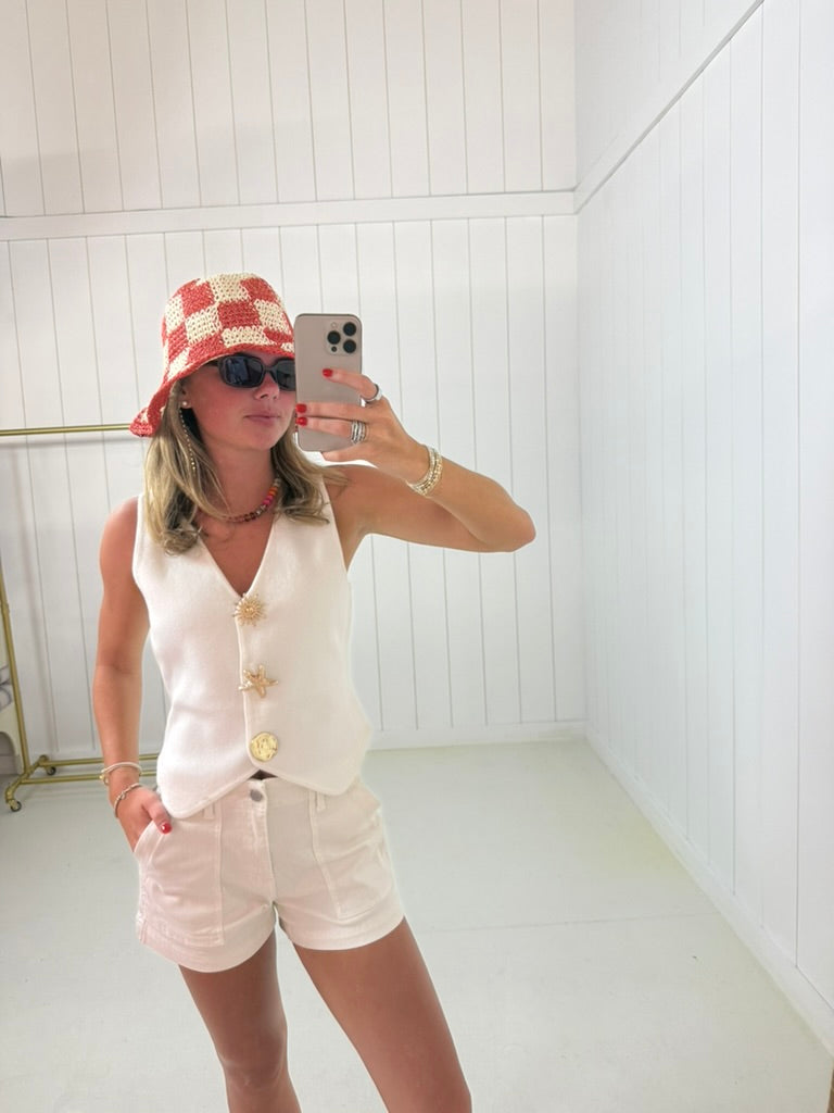 Red Woven Paper Straw Bucket Hat