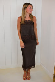 Brown Satin Midi Skirt Set