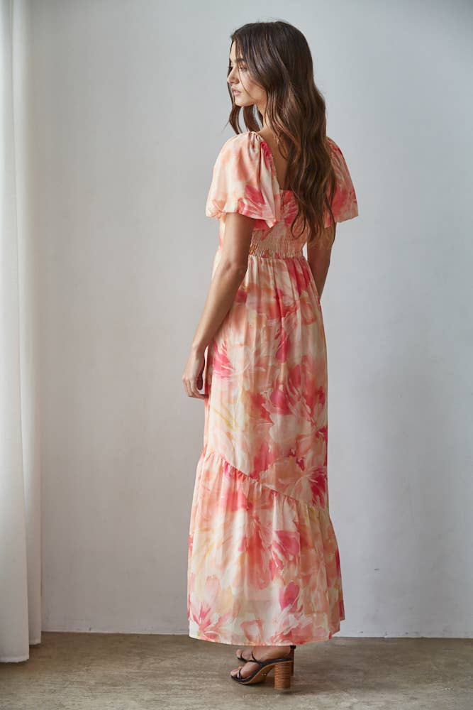 Coral Floral Print Tiered Sweetheart Maxi