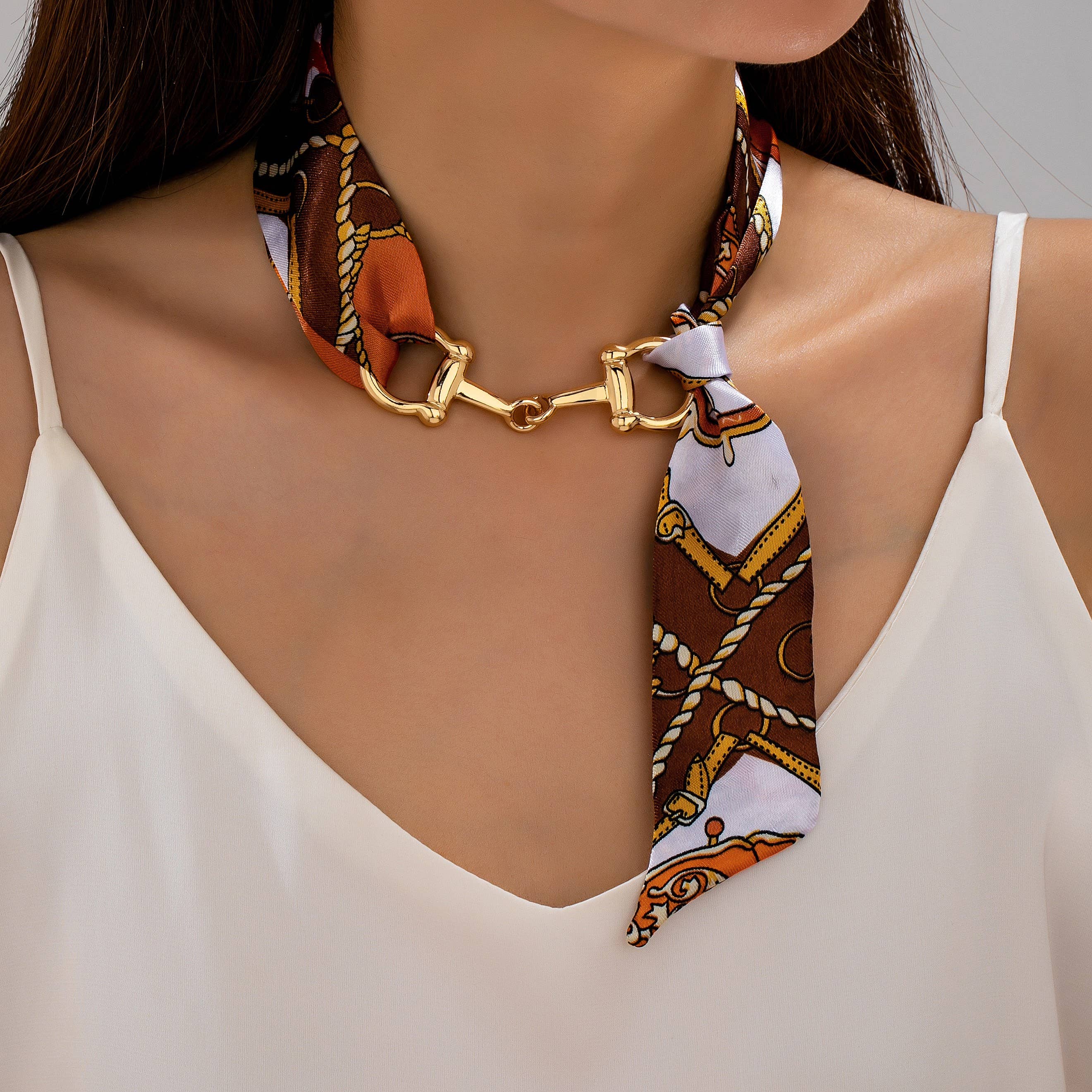 Brown Chain Print Horsebit Scarf Choker