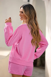 Pink & White Bow Embroidered Pullover & Shorts Set