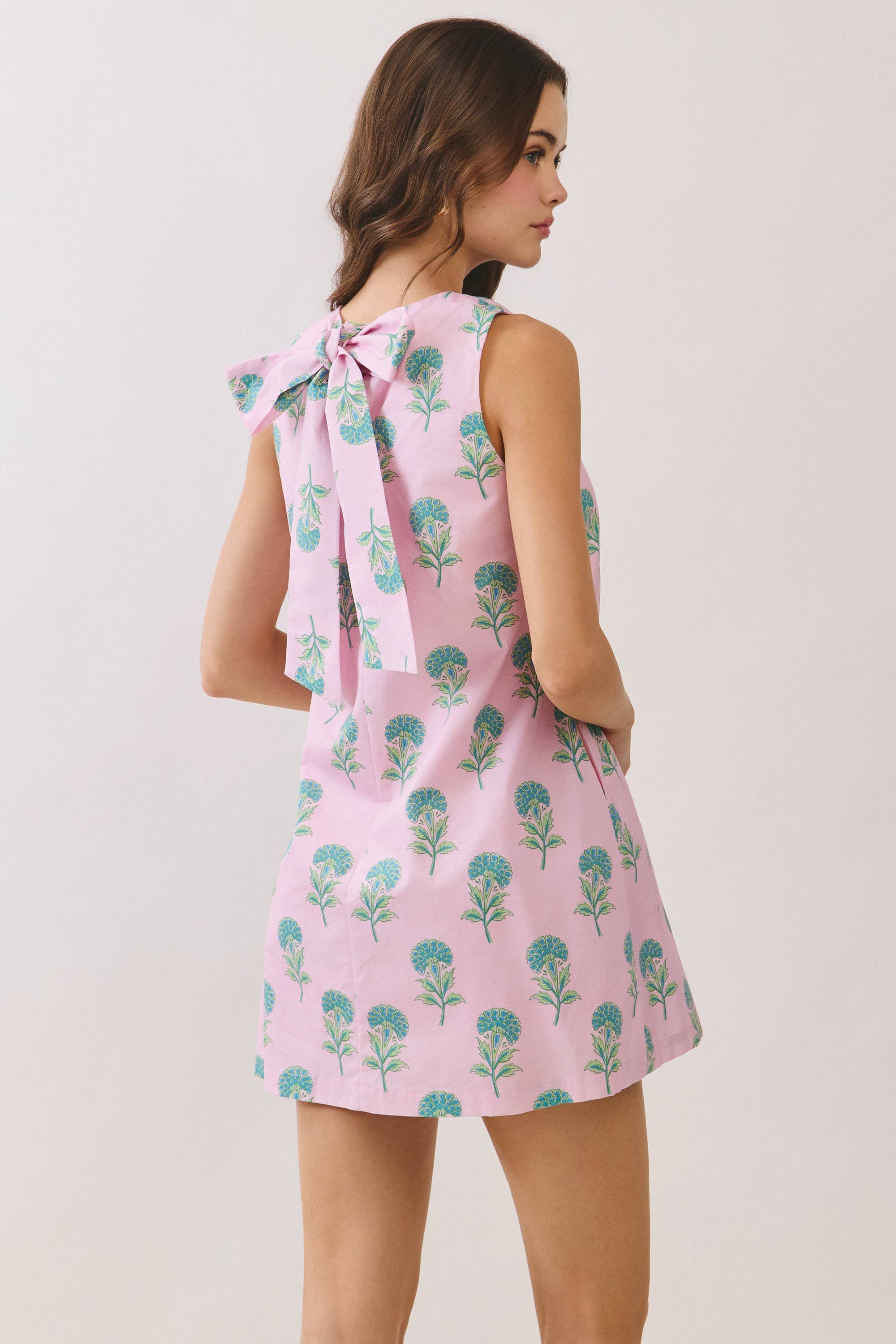 Pink Floral Back Tie Mini Dress