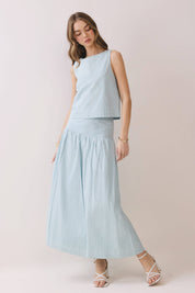 Blue Striped Drop Waist Midi Skirt