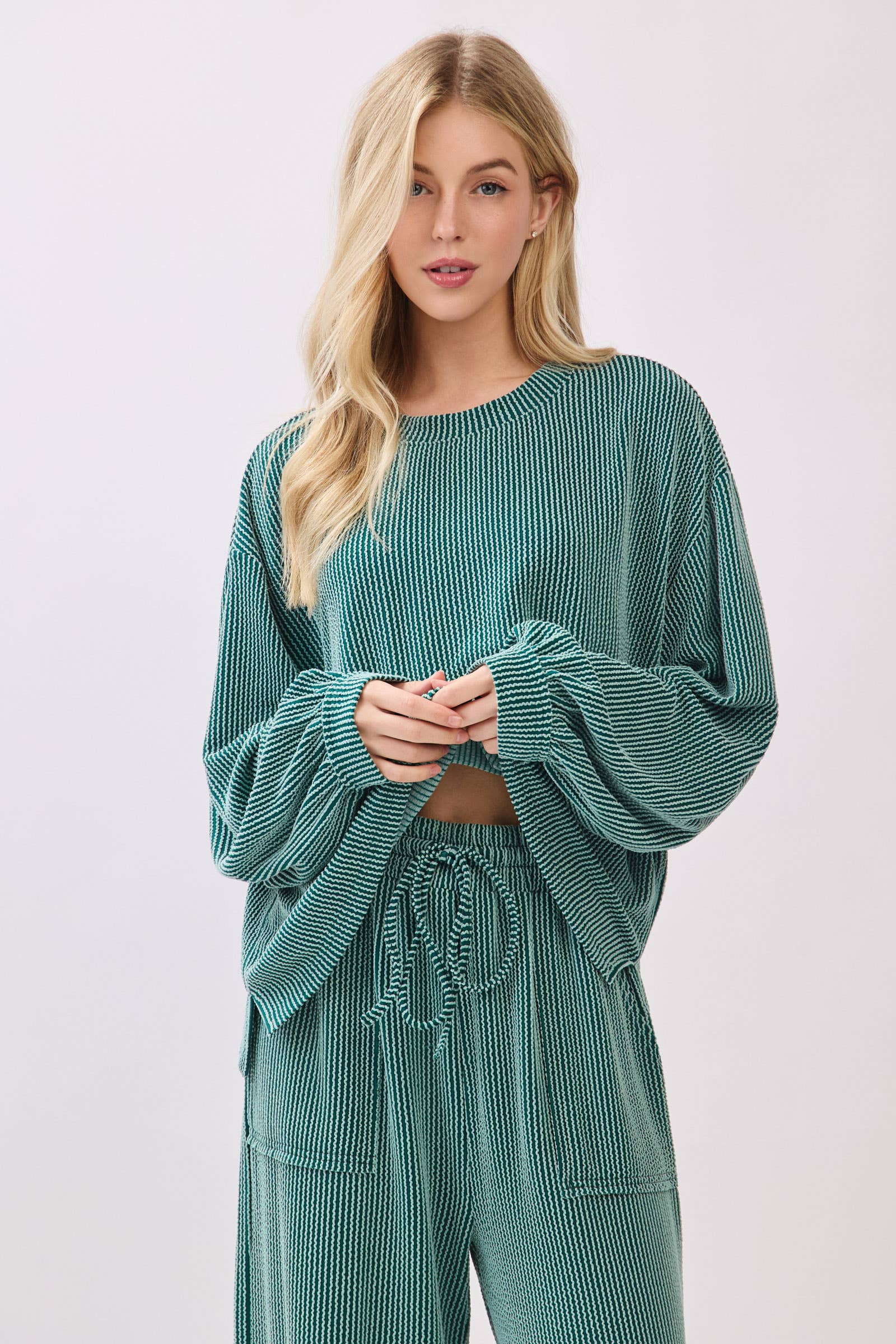 Teal Ribbed Knit Top and Wide Leg Pants Set