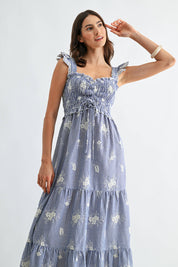 Blue Embroidered Striped Maxi Dress