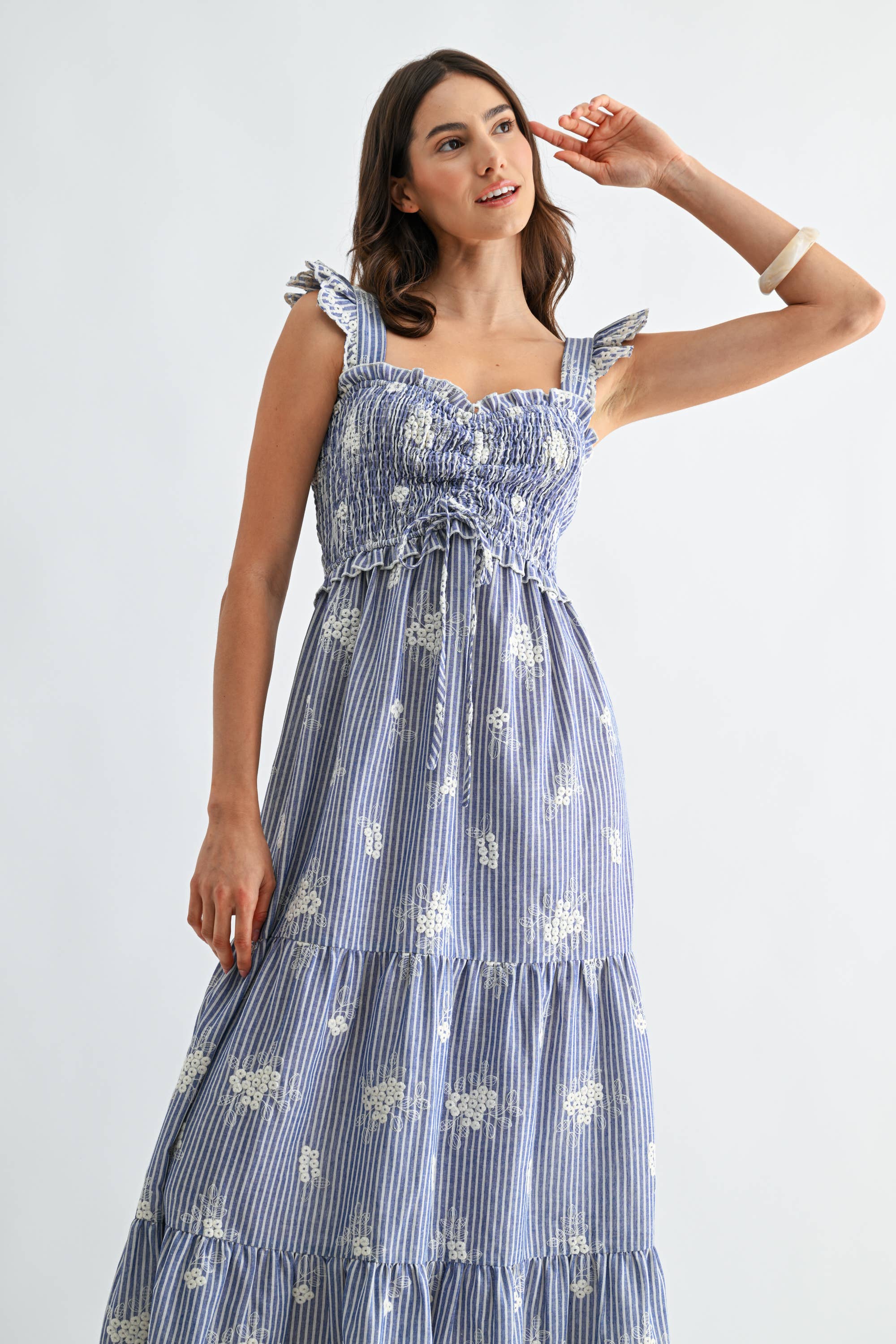Blue Embroidered Striped Maxi Dress