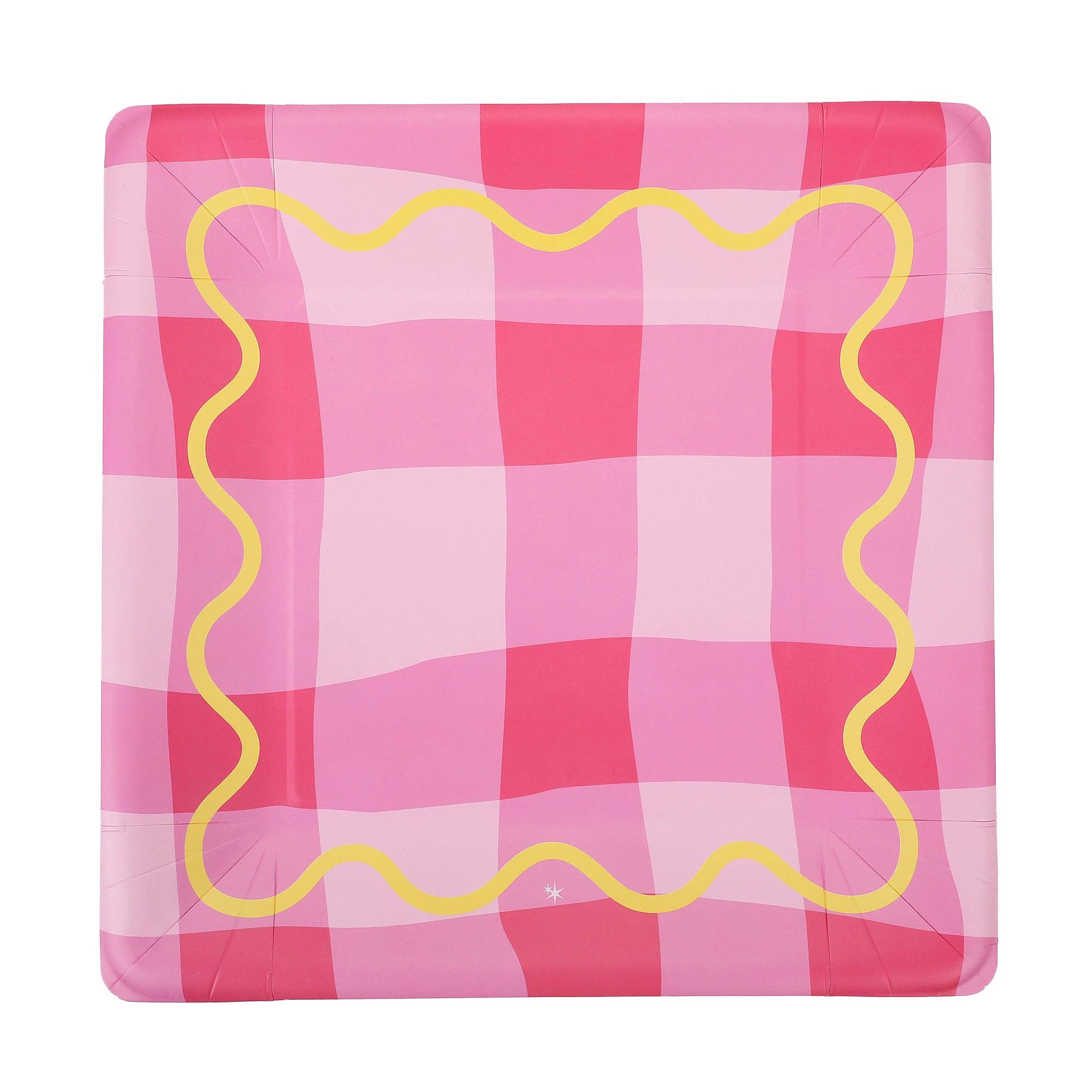 Colorwave Gingham Dinner Plates (10 ct) showing 10” square shape with rounded edges