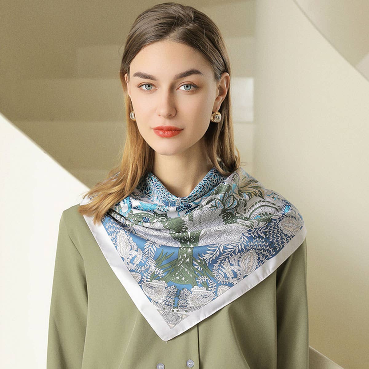 Blue Vintage French Print Scarf showing color: blue