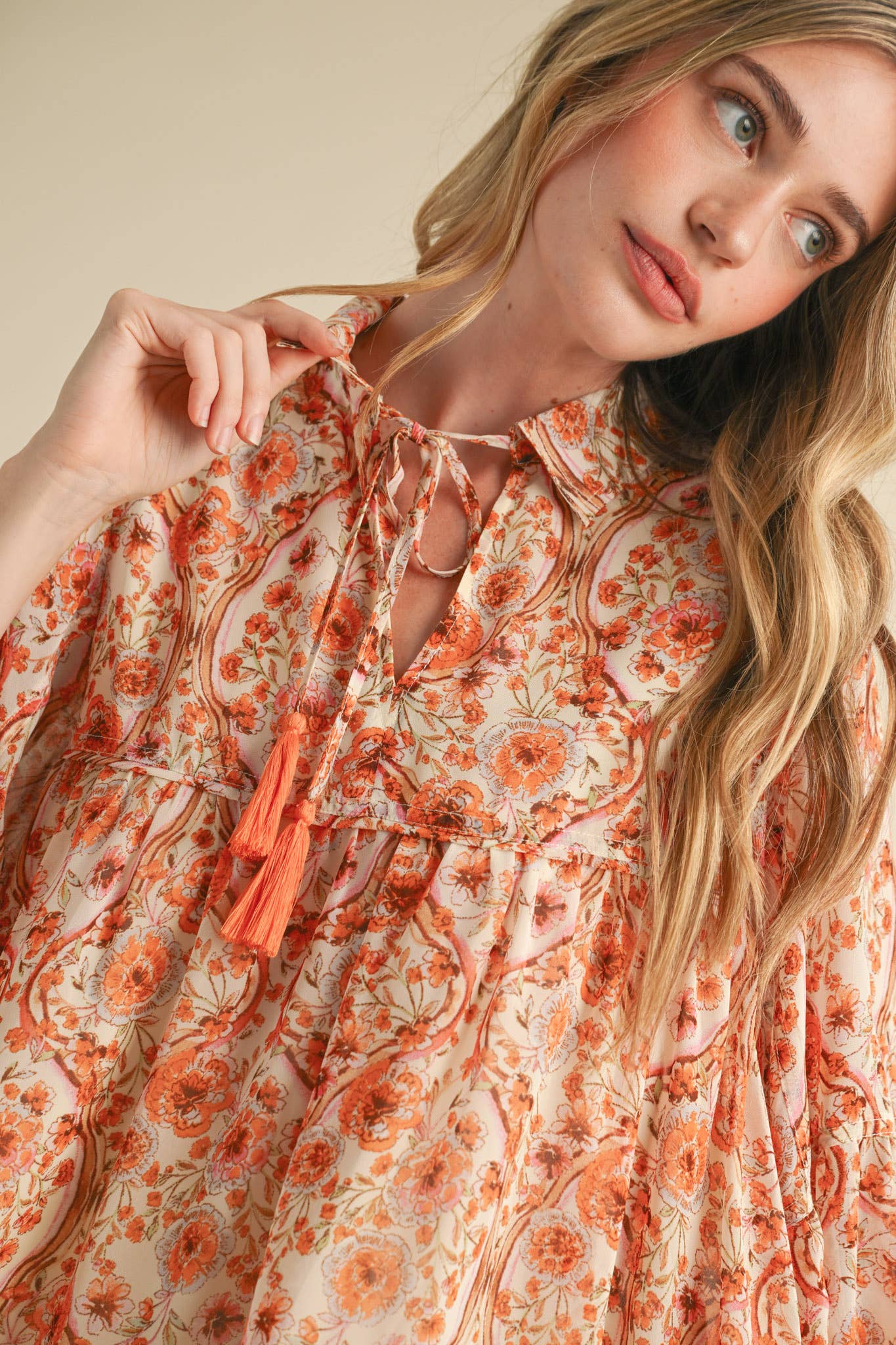 Cream & Orange Print Collared Top