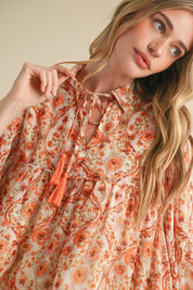 Cream & Orange Print Collared Top