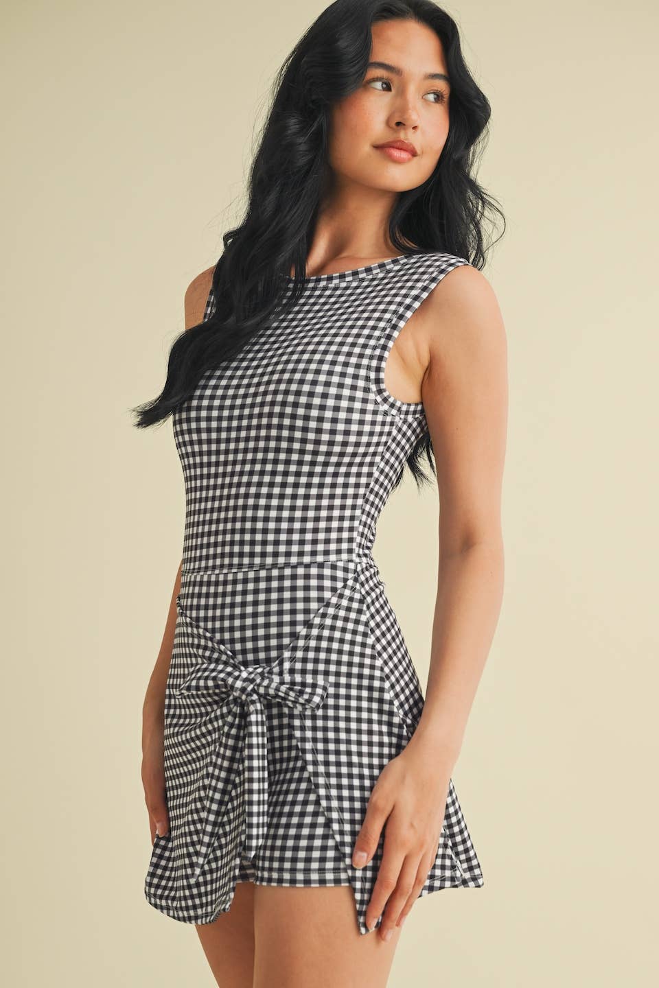 Black Gingham Wrap Tie Dress