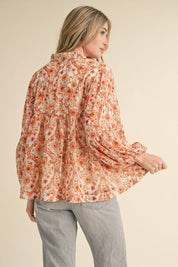 Cream & Orange Print Collared Top