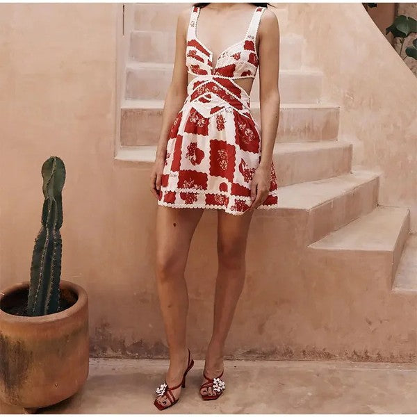 Red/White Hollow Backless Printed Dress