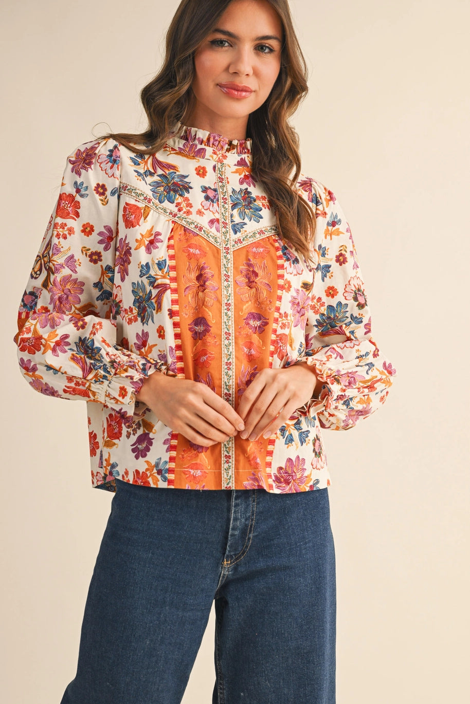 Ivory Floral Border Print Top