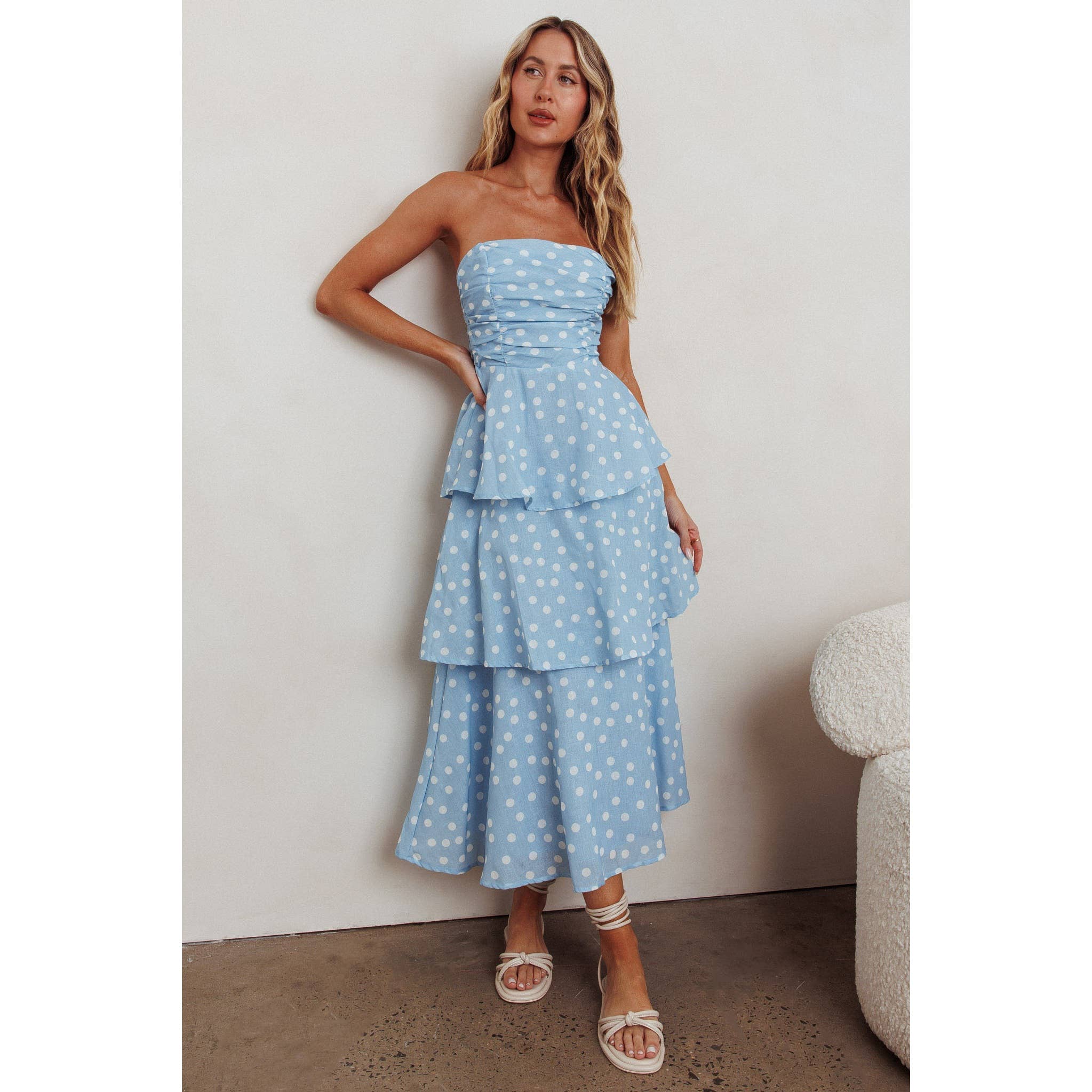 Blue Polka Dot Tiered Maxi Dress