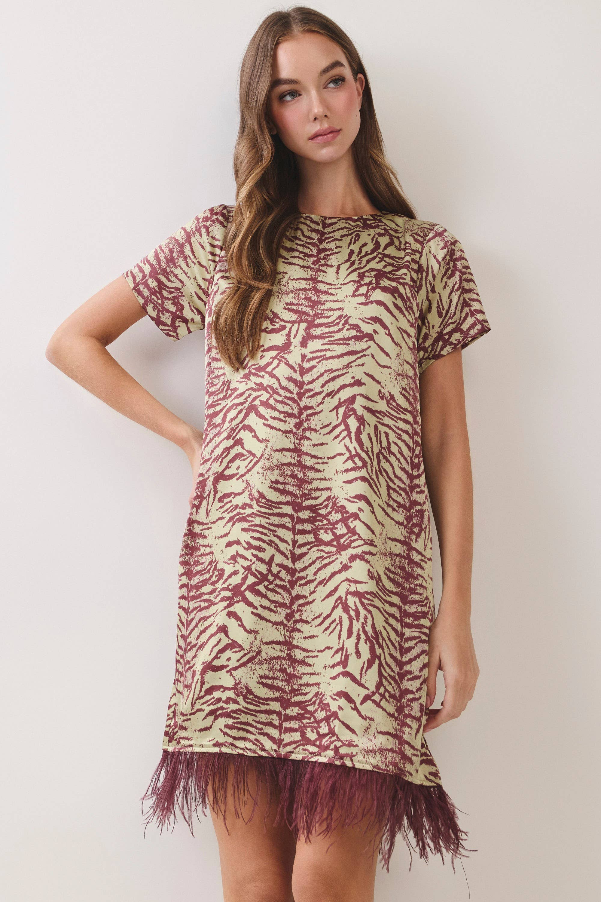 Red Feather Trim Printed Shift Dress