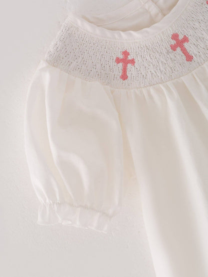 White Smocking Embroidered Crucifix Girls