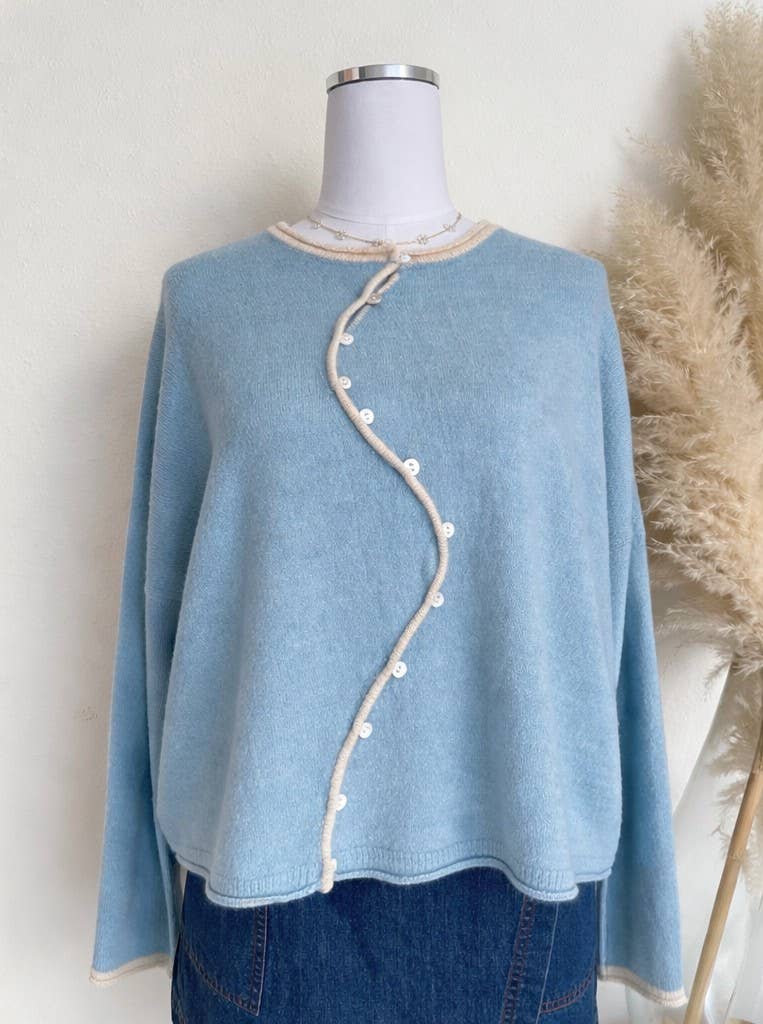 Blue Wavy Button Oversized Cardigan