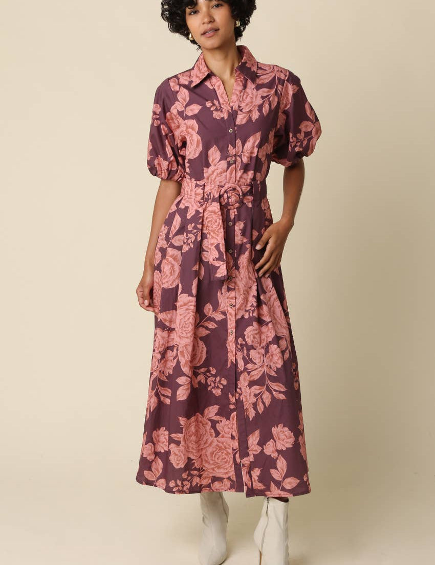 Purple & Pink Floral Shirt Belted Maxi Dress showing collared button-front neckline