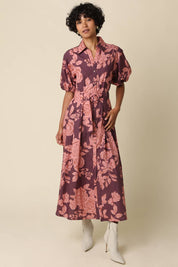 Purple & Pink Floral Shirt Belted Maxi Dress showing collared button-front neckline