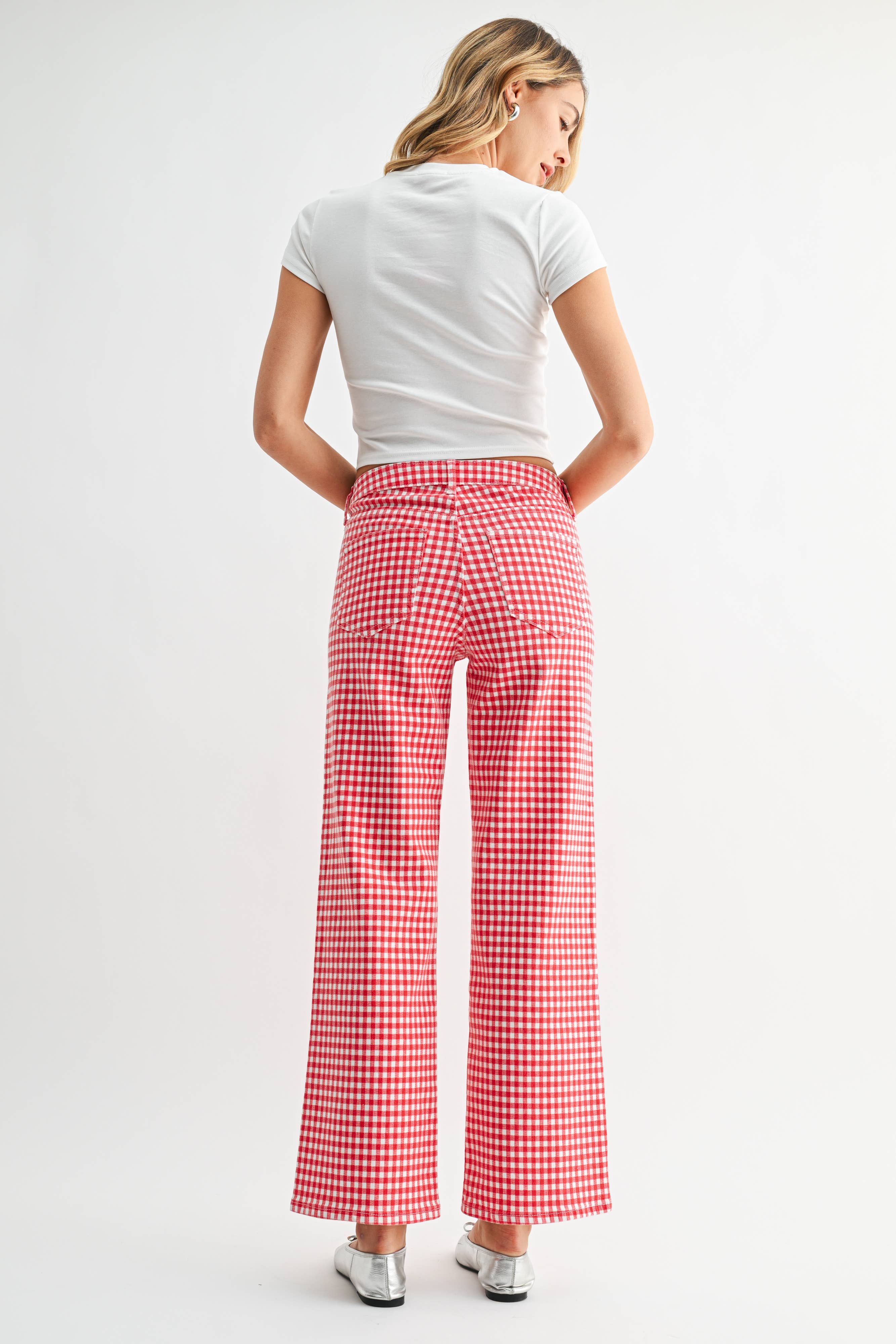 Red Gingham High Rise Full Length Straight