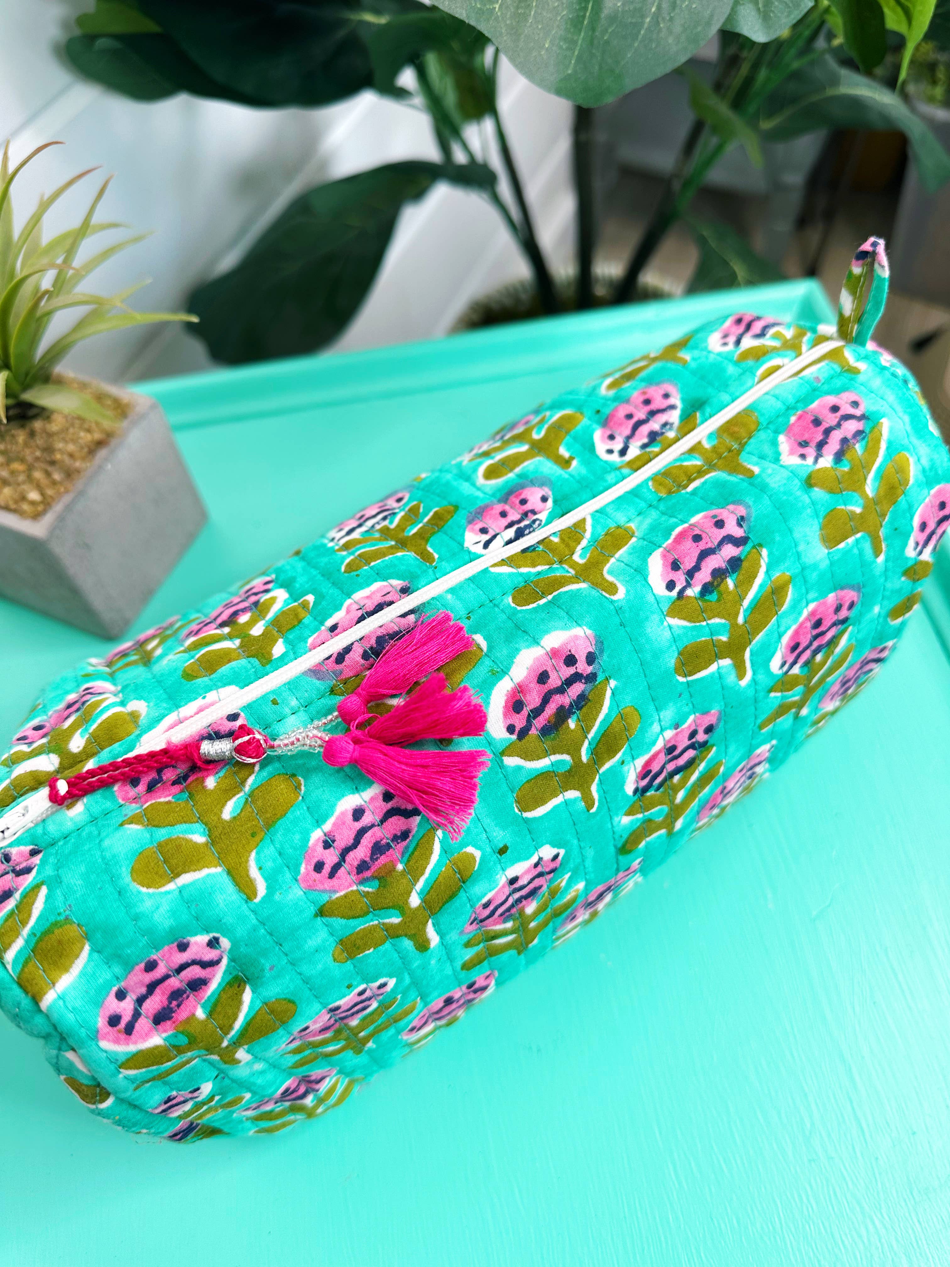 Aqua Floral Quilted Travel Bag