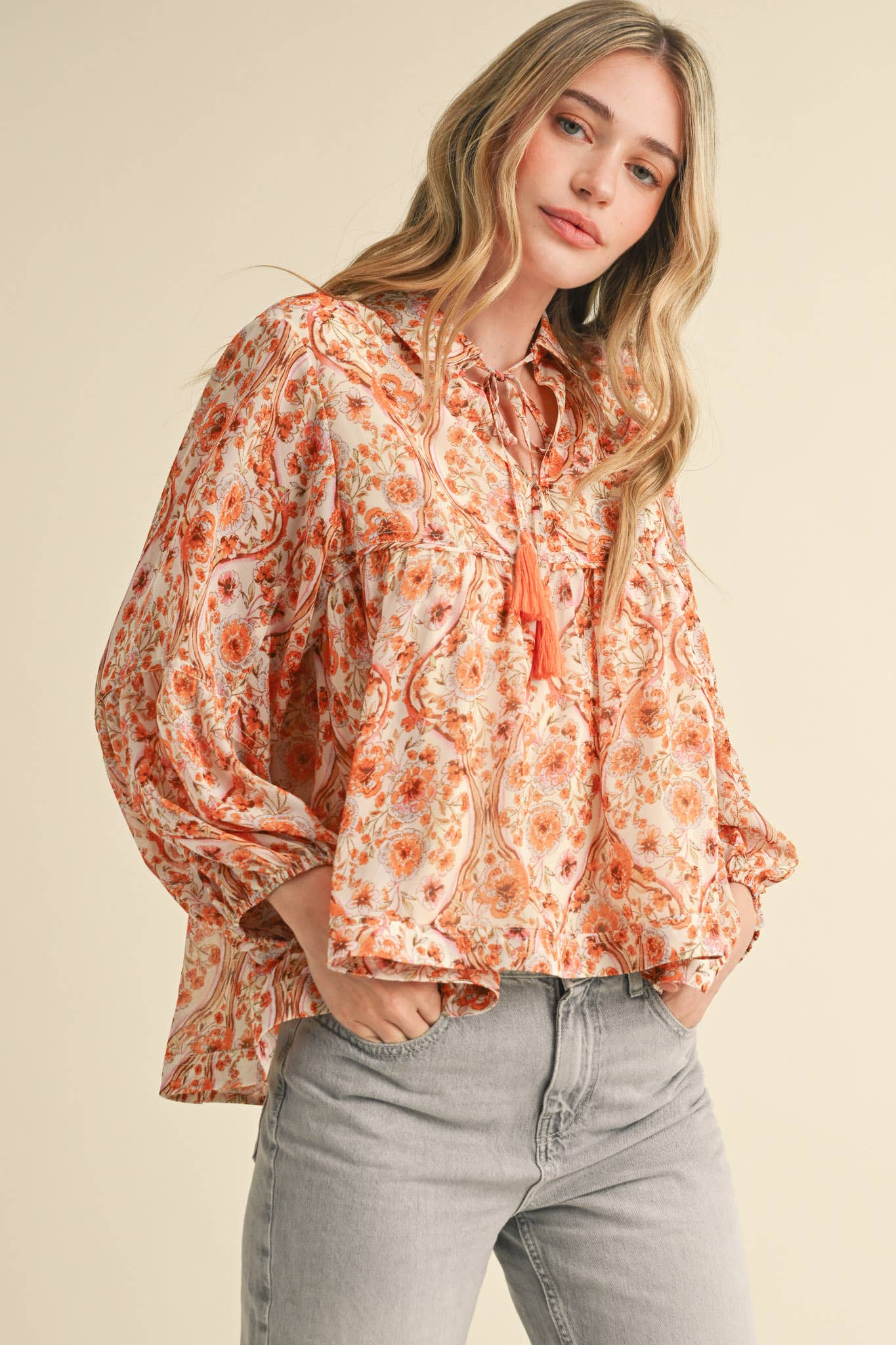 Cream & Orange Print Collared Top