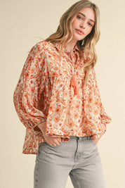 Cream & Orange Print Collared Top