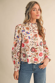 Cream Floral Ruffled Button Down Top
