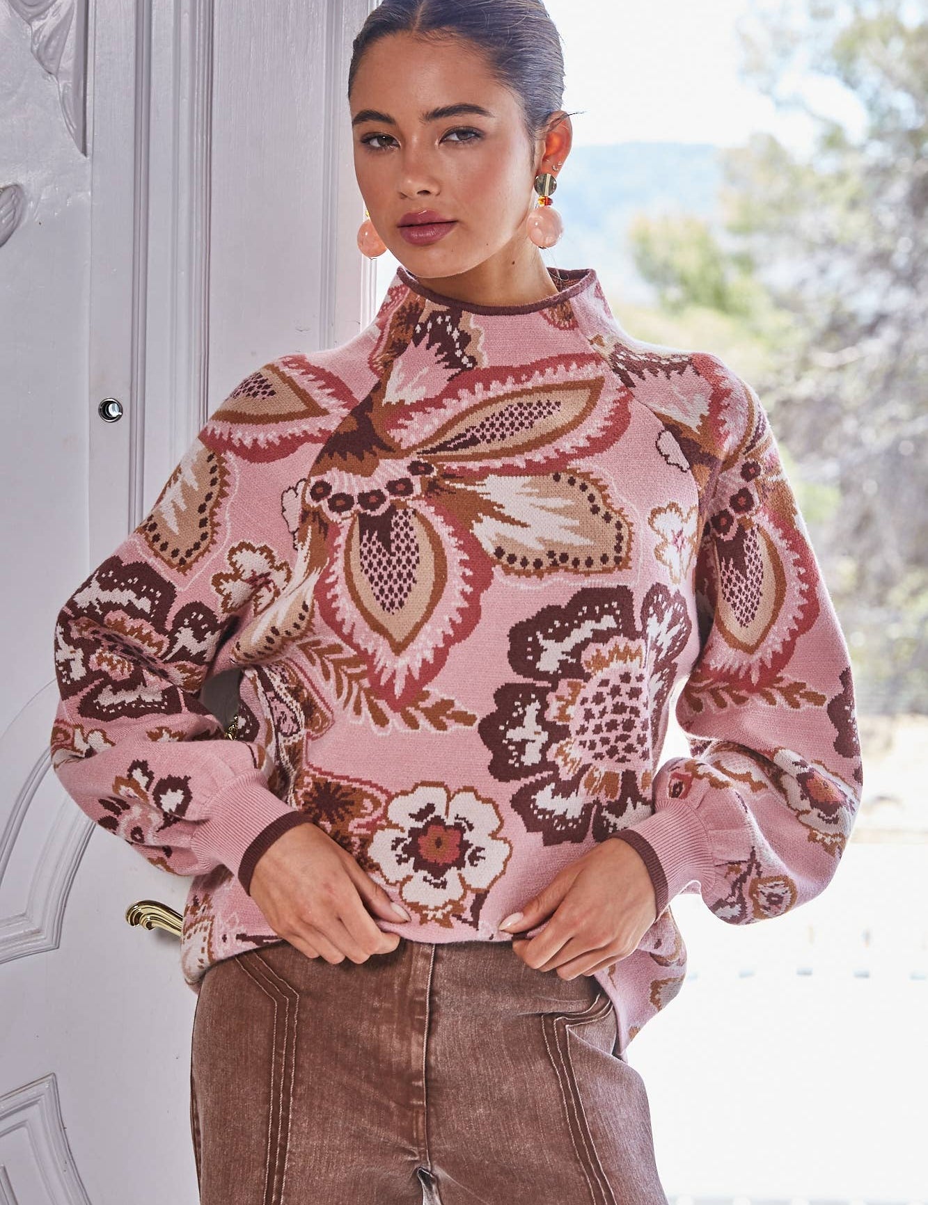 Pink Floral & Paisley Funnel Sweater — funnel neck
