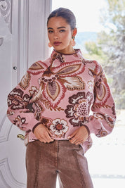 Pink Floral & Paisley Funnel Sweater — funnel neck