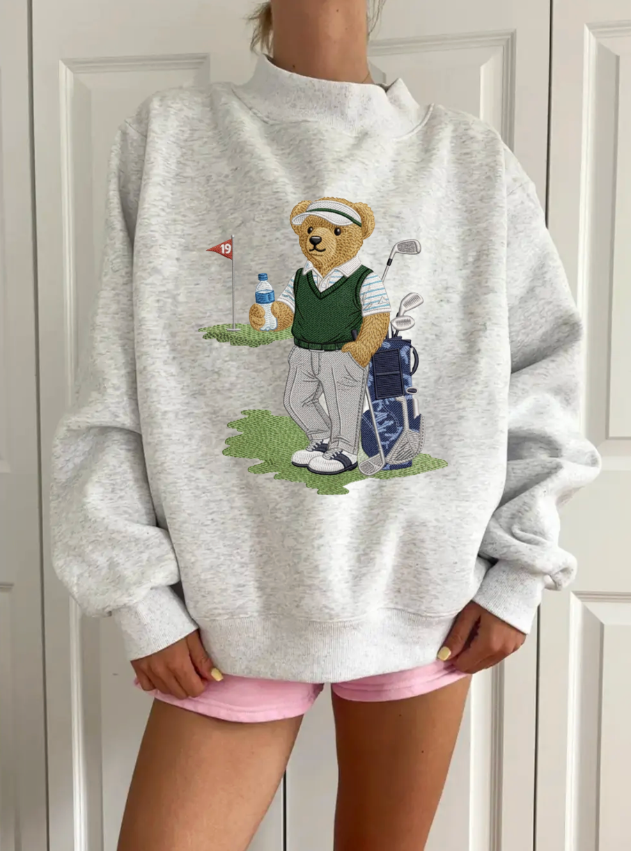Gray Teddy Bear Golf Embroidered Sweatshirt