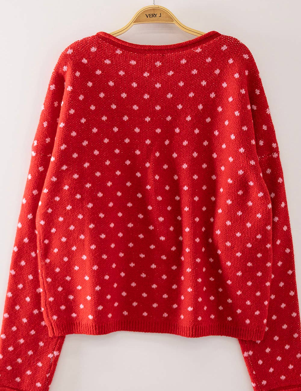 Red Polka Dot Sweater showing round neckline