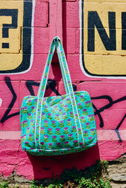 Aqua Floral Handmade Quilted Duffle Bag