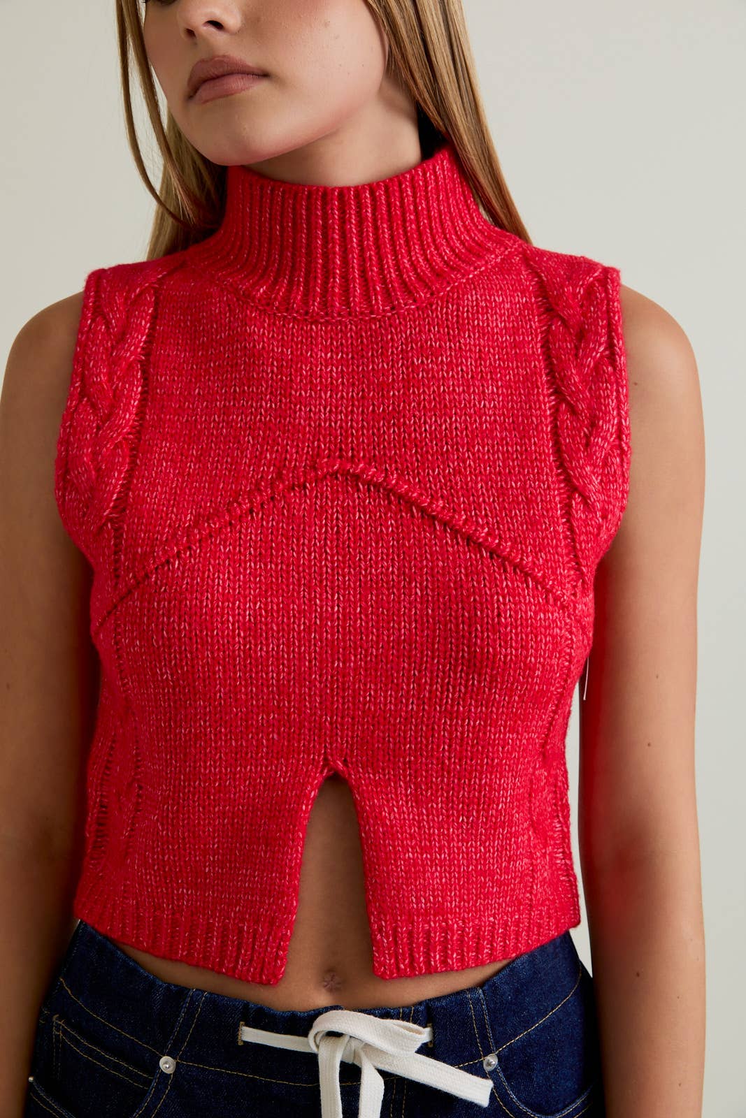 Red Mock Neck Cutout Crop Sweater