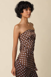 Brown & Blue Polka Dot Strapless Top