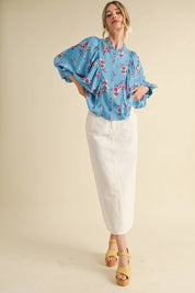 Blue Floral Dolman Sleeve Blouse